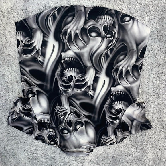 Mens Black Gray “See No Evil Hear No Evil” Skull Short Sleeve Button Up Size XL - Picture 11 of 16